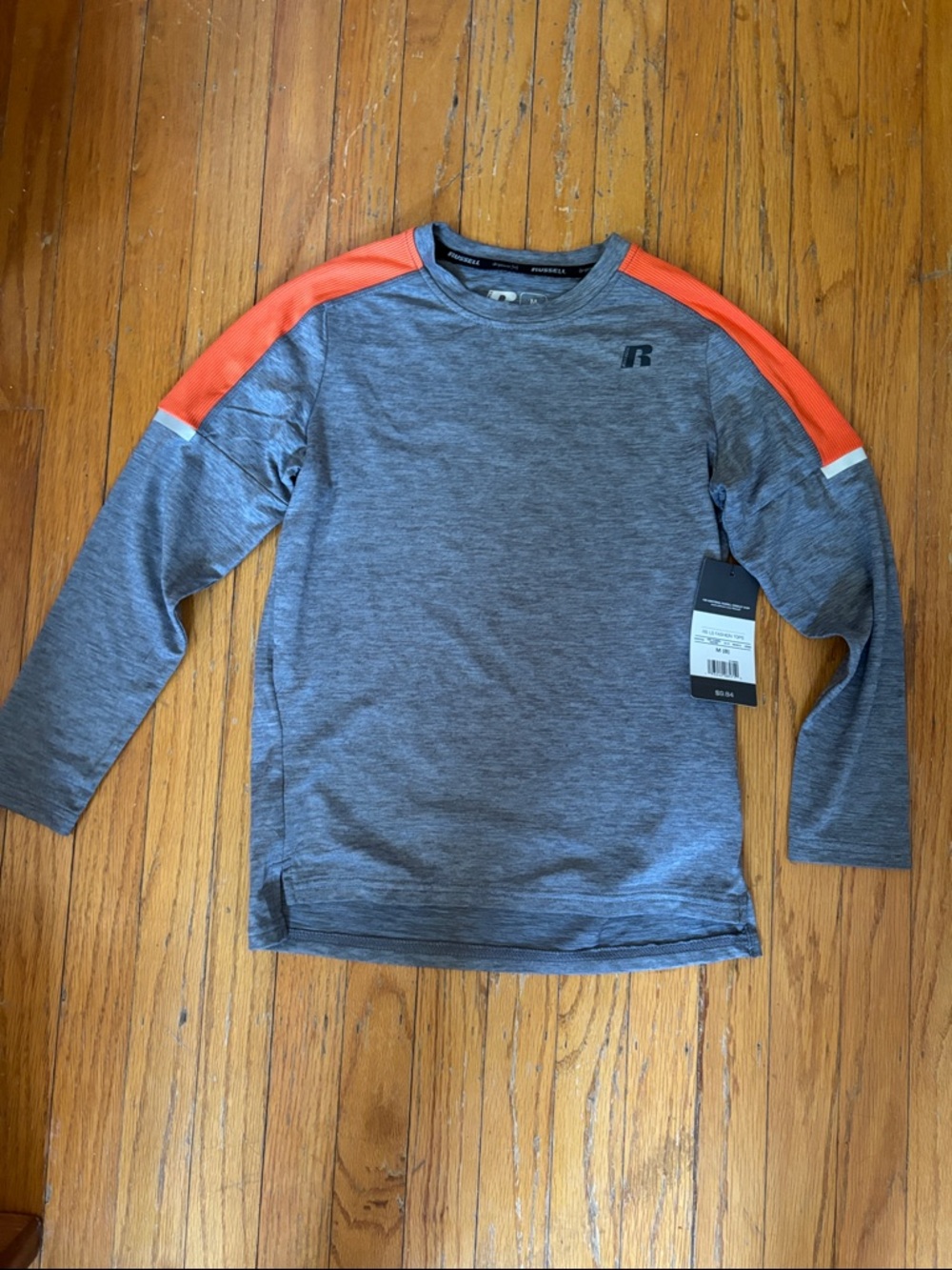 Russell Athletic Gray Long Sleeve Tee with Orange Shoulder Panels